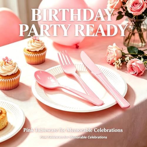 75 Pack Light Pink Heavy Duty Plastic Silverware Set, Disposable Knives, Forks & Spoons, 25 Sets for Birthday, Baby Shower, Camping, Picnic & Party - Image 3