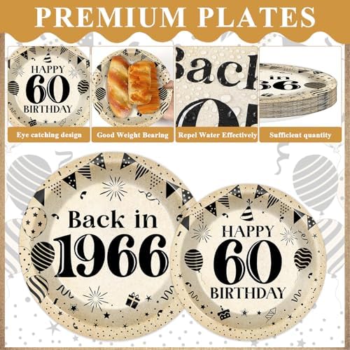 96Pcs 60th Birthday Party Paper Plates and Napkins for Back in 1966 Themed Party Supplies Vintage 60 Year Old Dessert Plates 60th Tableware for Men Women Birthday Gatherings Decorations - Image 3