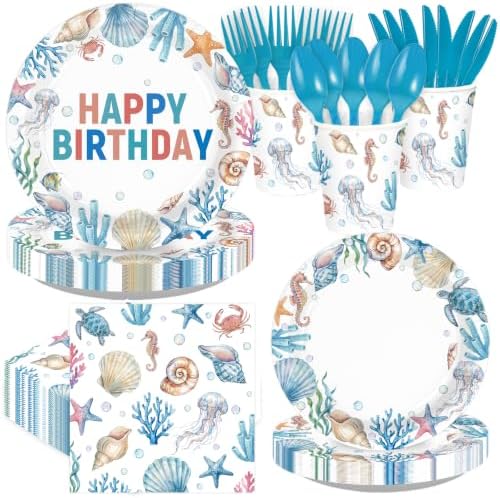 168Pcs Seashell Ocean Birthday Supplies for Summer Birthday Serves 24 by Greencian