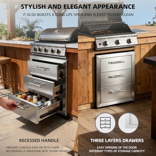 Outdoor Kitchen Drawers 18" x 20.5" x 20.5" Stainless Steel Triple Drawer Cabinet with Handles, Flush Mount Modular Storage for BBQ Islands & Patios - Image 6