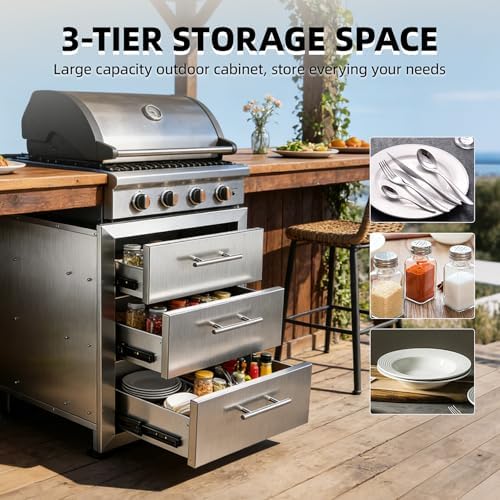 Outdoor Kitchen Drawers 18" x 20.5" x 20.5" Stainless Steel Triple Drawer Cabinet with Handles, Flush Mount Modular Storage for BBQ Islands & Patios - Image 5
