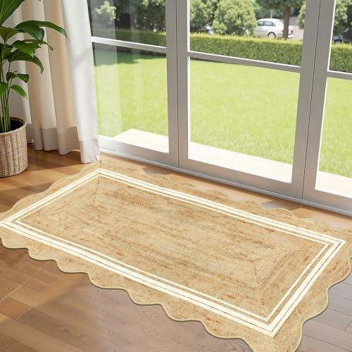 Front Door Mat - 2x4.3 Neutral Farmhouse Scalloped Small Runner Rug by Othilic