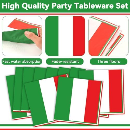 100 Pcs Italian Flag Plates and Napkins Party Supplies Italy Flag Disposable Paper Tableware Set Italian Red White and Green Party Decors Favors for Family Gathering Kitchen Dining Serves 25 Guests - Image 3