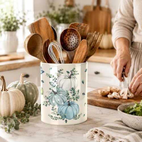 Fall Blue Kitchen Utensil Holder, Pumpkin Large Ceramic Utensil Holder For Kitchen Organizer, Autumn Farm 6.3'' Cooking Utensil Crocks Rustic Decor Utensil Storage Cup for Countertop - Image 4