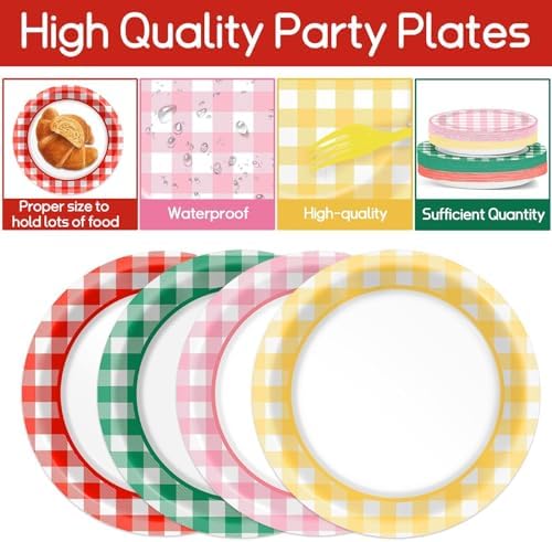 96 Pcs Camp Checkered Paper Plates and Napkins Plaid Checkered Bachelorette Party Supplies Glamping Birthday Tableware Set Spring Summer Plaid Camping Themed Party Favors Baby Bridal Shower - Image 3
