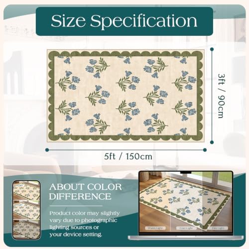 3x5 Floral Entry Rug - Small Washable Indoor Outdoor Mats for Front Door Non-Slip Porch Rug Sage Blue Boho Retro Throw Rugs for Living Room Bedroom Entryway Kitchen Office Porch Decor - Image 2