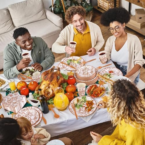 Kochorie 400 Pieces Fall Disposable Pomegranate Paper Plates Thanksgiving Vintage Floral Party Tableware Sets Including Orange Plates Cups Napkins Cutlery Serve 50 for Wedding Baby Shower Party Decor - Image 6