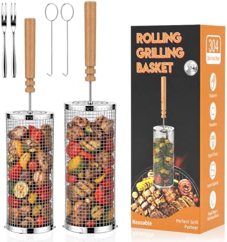 Rolling Grill Basket for BBQ, Removable Wooden Handle, Gifts for Men Dad - Image 2