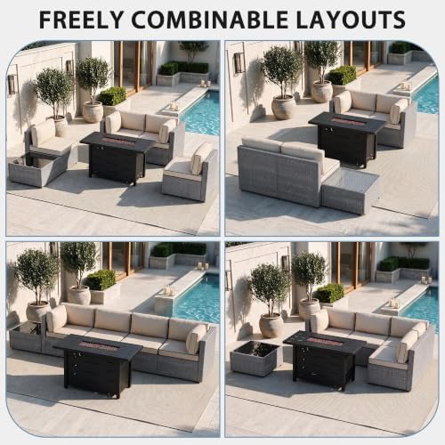 Shintenchi 6 Piece Outdoor Patio Furniture Set with 43 Inch Propane Fire Pit, Washable Cushions, Glass Coffee Table, Waterproof Cover & CSA Certified for Backyard Poolside, Silver PE Rattan/Khaki - Image 3