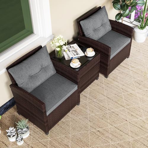 Tangkula 3 Pieces Patio Furniture Set, PE Rattan Wicker 3 Pcs Outdoor Sofa Set w/Washable Cushion and Tempered Glass Tabletop, Conversation Furniture for Garden Poolside Balcony (Grey) - Image 3