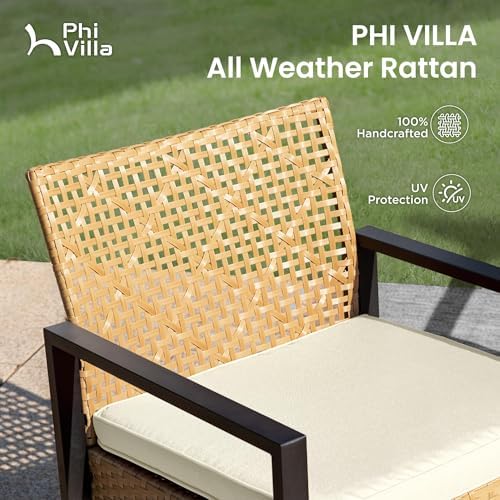 PHI VILLA 4 Piece Yellow Wicker Patio Furniture Set with Beige Cushion - Image 5