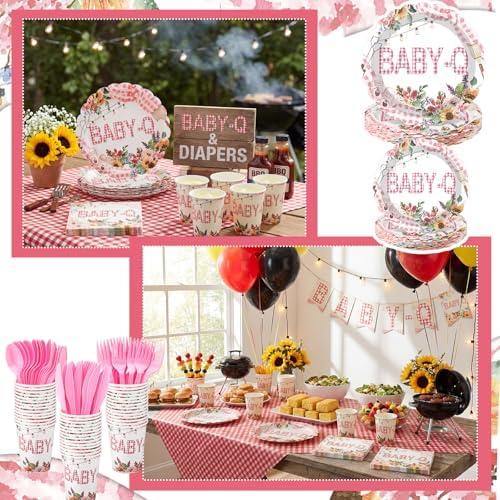 Havawish 120 Pcs Pink Flowers Party Tableware Bow Cherry Plates - Image 3
