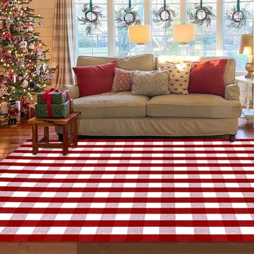 Christmas Red and White Plaid Rug 8x10 ft, Extra Large Cotton Hand-Woven Buffalo Check Area Rug for Living Room, Bedroom, Patio, Christmas Holiday Farmhouse Decor, Washable Outdoor Indoor Carpet - Image 4