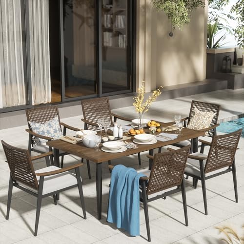 NATURAL EXPRESSIONS 7 Piece Patio Dining Set for 6,Rattan Wicker Swivel Patio Dining Chairs with Cushions,Aluminum Woodgrain Armrest, 65" Large Dining Table with Umbrella Hole for Yard, Garden,Pool by NaturalExpressions
