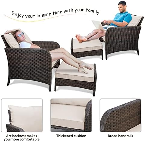 LEVELEVE Balcony Furniture 5 Piece Patio Conversation Set, PE Wicker Rattan Outdoor Lounge Chairs with Soft Cushions 2 Ottoman&Glass Table for Porch, Lawn-Brown Wicker - Image 6