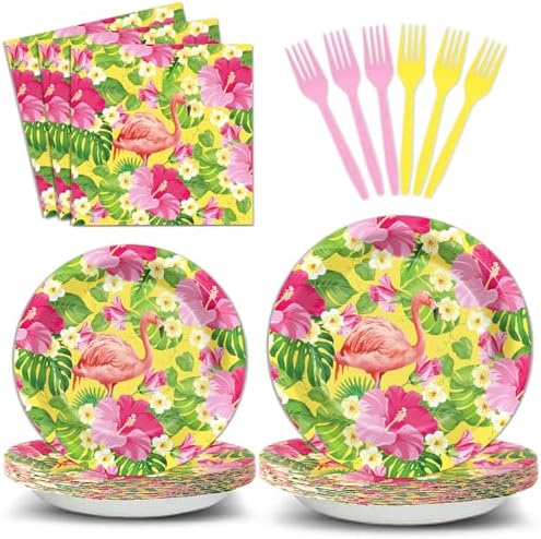 96PCS Hawaiian Luau Party Paper Plates and Napkins Hawaiian Party Supplies Summer Hibiscus Plates Tropical Aloha Palm Leaves Disposable Tableware Set for Beach Pool Birthday Baby Shower Decorations by Oitnlaughter