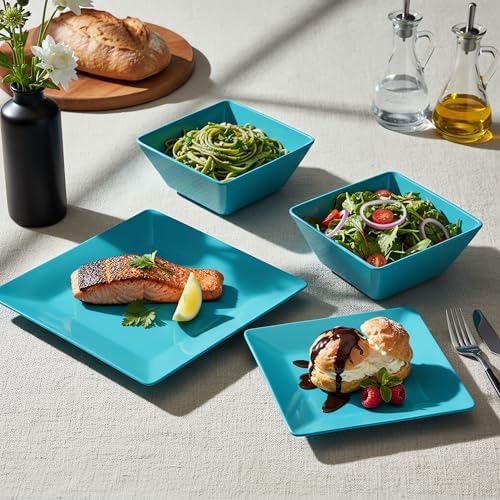 TP 12-Piece Melamine Dinnerware Sets, Square, Service for 4, Teal - Image 6
