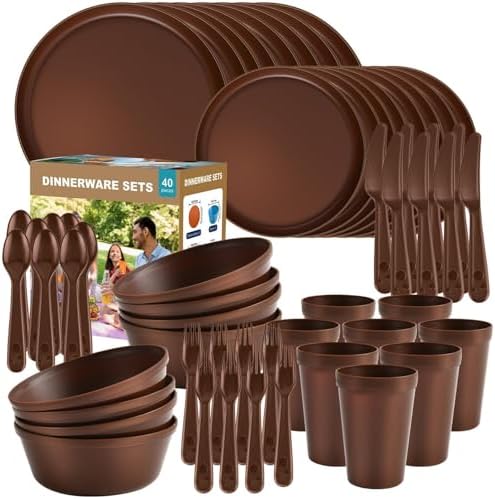 40 Piece Plastic Dinnerware Set for 8 with Cutlery, Unbreakable Plates and Bowls Set, Dishwasher & Microwave Safe Reusable Dish Set for Camping, RV, Outdoor Kitchen, Apartment Dining, Brown by BetterMomentsBeginatHome