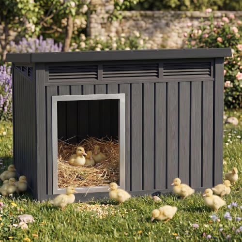 Chicken Coop with Hydraulic Air Rod, Resin Duck Coop with Elevated Floor and Air Vents, Duck House, Backyard Poultry Pet Shelter with Weatherproof Openable Roof, for Chicken, Ducks, Black by KFY
