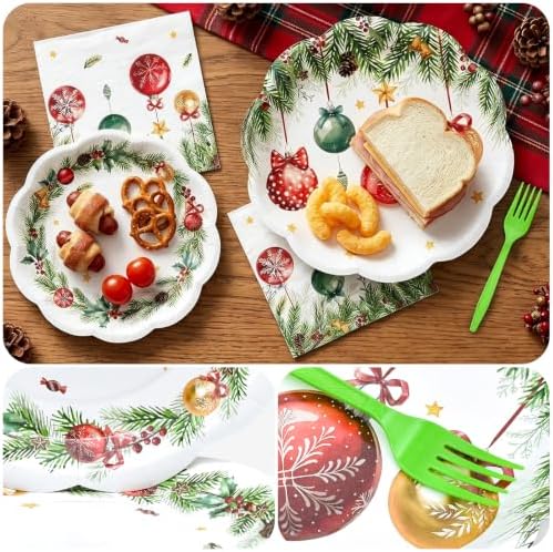 96 Pieces Christmas Tableware Set – Christmas Ornament Disposable Plates, Napkins, and Gold Forks for Xmas Party, Holiday Dinner, Xmas Eve and Winter Celebrations – Serves 24 Guests - Image 4