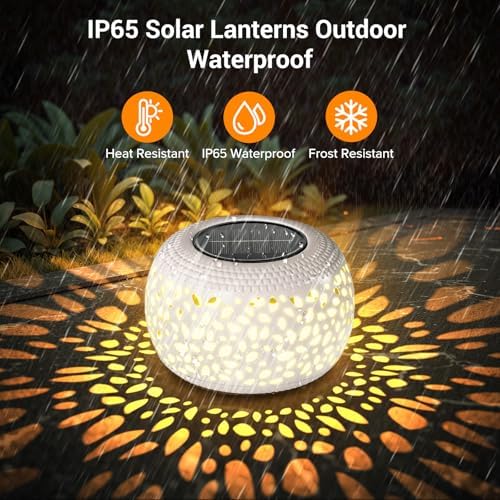 Solar Lanterns Outdoor Waterproof Lights: 2Pack White Hollow Out Metal Table Light, Outside Garden Yard Balcony Indoor Tabletop Lighting Decorations, Unique Gardening Gifts for Women Mom - Image 5