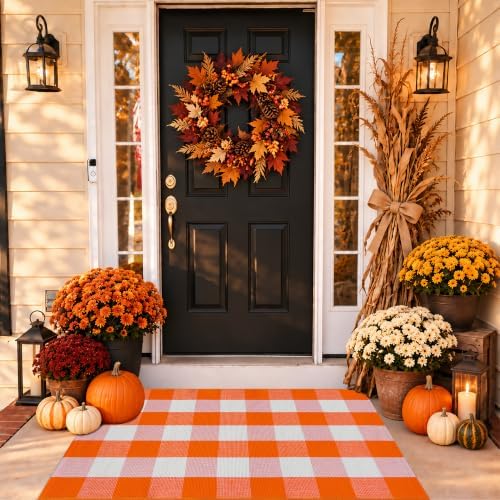 Orange and White Plaid Rug, 28'' x 43'' Fall Front Door Decor Mat, Cotton Washable Hand-Woven Door mat for Layered Doormat, Autumn Halloween Thanksgiving Carpet for Porch, Entryway - Image 3