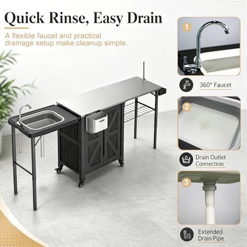 Outdoor Grill Cart with Storage Cabinet, 3-in-1 Movable Kitchen Island Cart, Outdoor Grill Cooking Station with Stainless Steel Countertop&Rolling Wheels&Folding Side Tables for Backyard Patio - Image 6