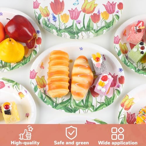 Qyeahkj 50 Pcs Spring Tulip Oval Paper Plates Large 11” Disposable Tulip Flower Party Decorations Floral Supplies Favor for Easter Picnic Spring Summer Birthday Butterflies Party Tableware Set - Image 3