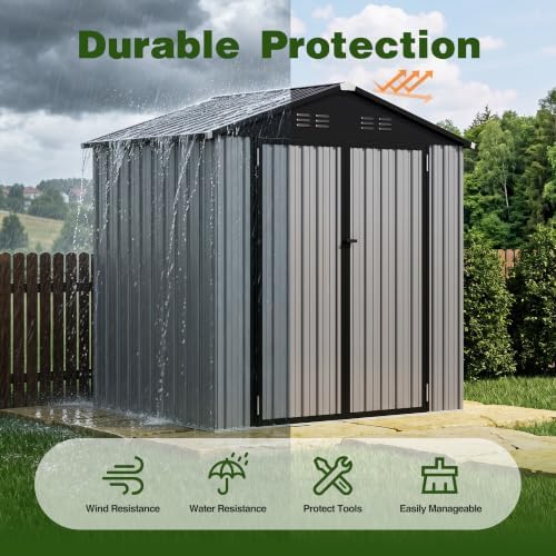 6 x 4 FT Outdoor Storage Shed, Waterproof Metal Garden Tool Shed with Gable Sloped Roof, Magnetic Light, Lockable Door & Air Vents for Backyard Patio Lawn, Gray - Image 7