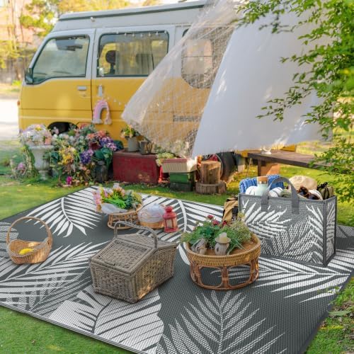 GENIMO Outdoor Rug 6' x 9' Waterproof for Patios Clearance, Reversible Plastic Straw Camping Carpet with Rectangular Storage Bag, Large Area Rugs and Mats for RVs,Garden, Beach, Gray & White - Image 4