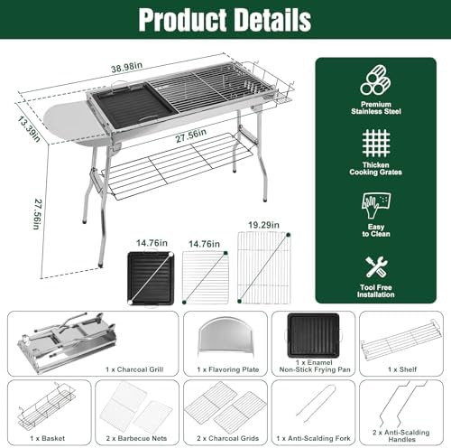 Portable Charcoal Grill, Folding Barbecue Grill with Storage Shelf, - Image 3