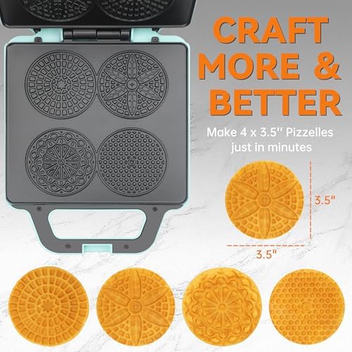 Baker’s Friend Pizzelle Maker Electric, 4 X 3.5” Pizzelle Waffle Cookies for Christmas Baking Supplies, Stroopwafel Iron, Cookie Maker Machine with Pattern, Thin Waffle Maker, Aqua - Image 2