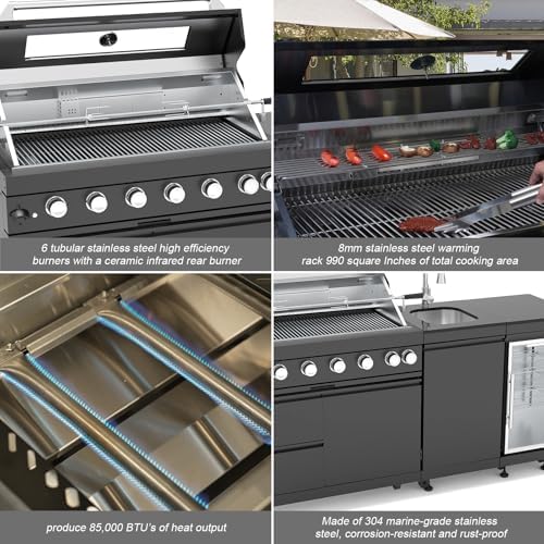 Outdoor Kitchen Island, 82 Inch 85000 BTU Gas Grill Combination With Refrigerator and Sink, Outdoor Stainless Steel Barbecue Bar, Natural Gas Barbecue Grill for Patios, Gardens, Parties - Image 5