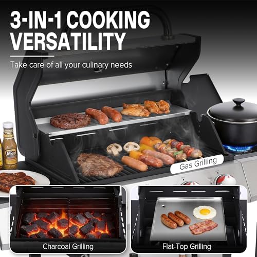 Gas and Charcoal Grill Combo with Side Burner, 4-Burner Propane Grill and Griddle Combo with Porcelain-Enameled Cast Iron Grates & Double-Wall Insulated Lid, 49,000 BTU Outdoor BBQ Grill - Image 3