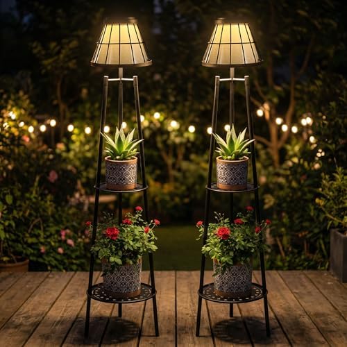 2 Pack Solar Floor Lamps Outdoor with 2-Tier Plant Stand, Metal Tall Planter Holder with Waterproof LED Lantern, Decorative Patio Light & Flower Pot Display Rack for Garden, Deck, Porch, Balcony - Image 4