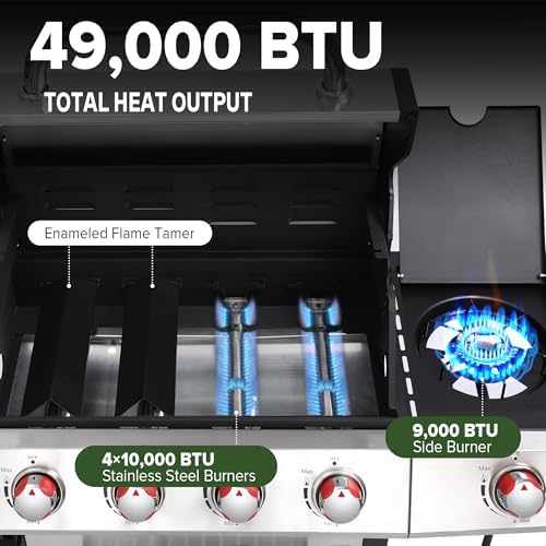 Gas and Charcoal Grill Combo with Side Burner, 4-Burner Propane Grill and Griddle Combo with Porcelain-Enameled Cast Iron Grates & Double-Wall Insulated Lid, 49,000 BTU Outdoor BBQ Grill - Image 6