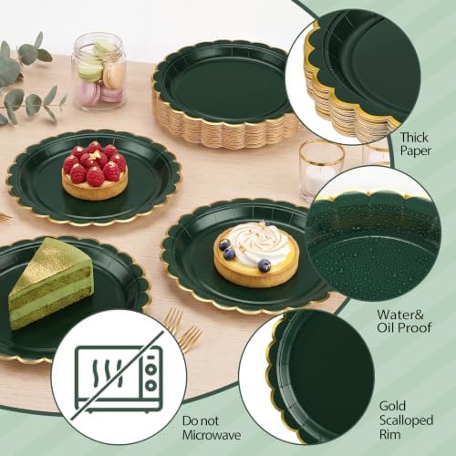 NatNarr 30 Pk Green Plates 9" Scalloped Dark Green Plates with Gold Rim - Image 3