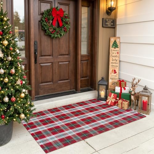 OJIA Christmas Front Door Mat Outdoor Red and Green Plaid Porch Rug Decor by OJIA
