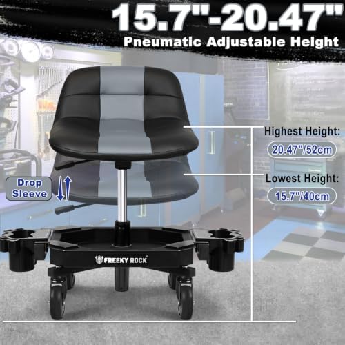 Rolling Stool with Wheels, Adjustable Height Pneumatic Garage Work Mechanic Stool Seat with Backrest, 400 LBS Capacity 360° Swivel Mechanic Crepper Chair with Tool Tray Storage, Gray - Image 2