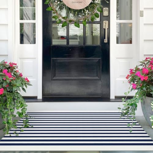 IOHOUZE 2.3x3.6 Striped Outdoor Doormat, Washable Door Rug, Navy White by iOhouze