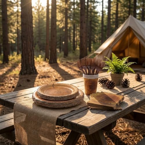 144 Pcs Disposable Rustic Wood Grain Slice Tableware Set for 24 Guests - Image 3