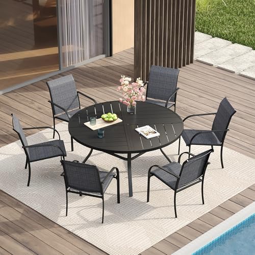 VICLLAX Patio Table and Chair Set of 6, All Weather Metal Round Outdoor Dining Furniture Set-47 Round Outdoor Table and Chairs, Black Tabletop by HOME