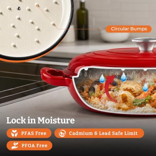 Parmedu Cast Iron Dutch Oven, 3.8 Quart, Red, Shallow Braiser & Casserole - Image 5