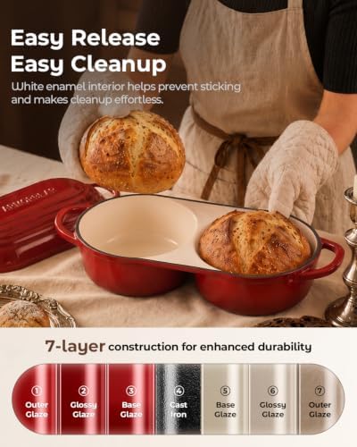 Mini Double Dutch Oven for Sourdough, Enameled Cast Iron Bread Pan, Red - Image 6
