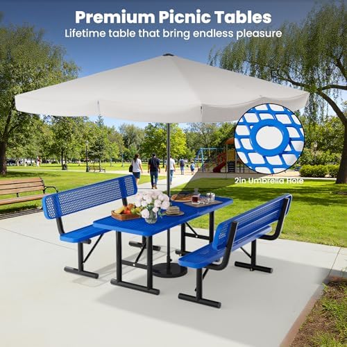6FT Metal Picnic Tables for Outdoors, Commercial Rectangular Picnic Table for Outside, Park, Campfield, Patio, Garden, Yard, Thermoplastic Coating, Surface Mounted, Blue - Image 4