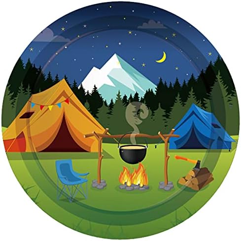 Camping Birthday Paper Plates Napkins Tent Bonfire Disposable Tableware Set Party Supplies Camp Picnic Outdoor Theme Dinnerware Serves 24 Guests for Audlts Kids Baby Shower Birthday 88PCS - Image 4