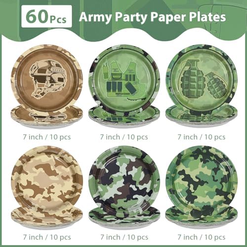 60Pcs Camo Army Birthday Party Paper Plates 7 Inch Disposable Heavy Duty Camo Military Dessert Plates Camouflage Military Decorations for Soldier Boys Men Army Hunting Birthday Party Supplies - Image 3
