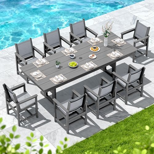 SERWALL 9Pcs HDPE Outdoor Dining Set for 8 with Sling Chairs,Gray - Image 5