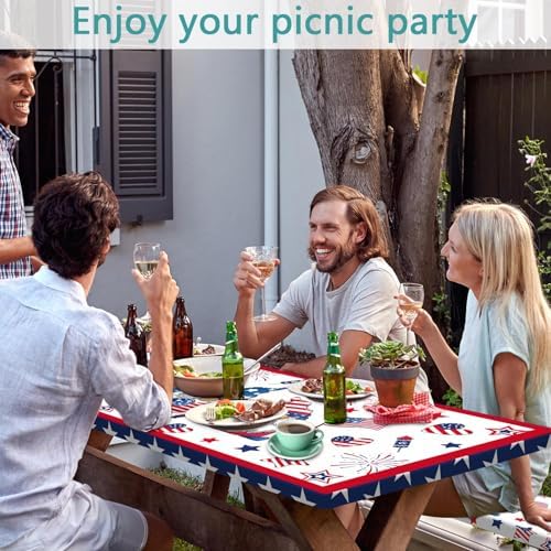 4th of July Picnic Table Cover with Bench Covers, Camping Essentials, Patriotic American Flag Gnomes Stars Table Cover Waterproof Fitted Tablecloth Cover with Elastic Edge for Outdoor 3 PCS 30x60 Inch - Image 2
