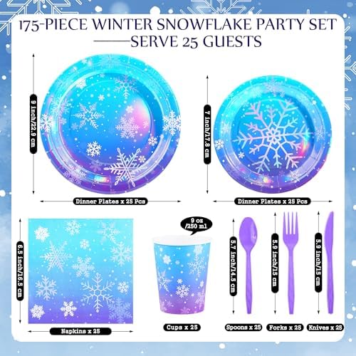 Kochorie 175 Pieces Frozen Iridescent Winter Snowflake birthday Party Supplies Frozen Disposable Party Tableware Set Paper Plates Napkins Cups for Christmas Winter Wonderland Decorations, Serve 25 - Image 2